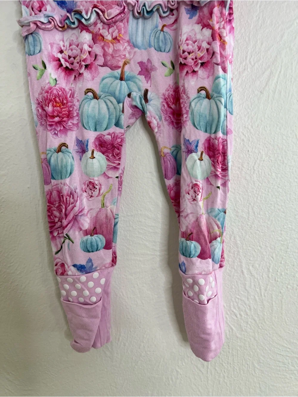 Bums & Roses Girls Pink Floral & Blue Pumpkin One-Piece Pajamas size 9-12 months